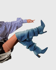 Floriana Ruched Cowboy Knee High Boots In Blue