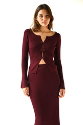 Square Collar Short Shirt Buckle Burgundy Knitted Two-piece