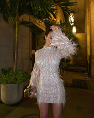 IRVA SEQUIN FUR BEADS MINI DRESS