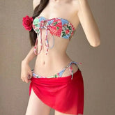 Korean Fashion Swimwear Red Floral Print Bandeau Bandage Push Up Mesh Skirt 3 Piece Bikini Set