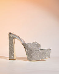 Leyla Diamente Sparkle Platform Mules In Silver