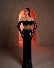 Chic Off-shoulder Irregular Sequined Sleeved Waist-baring Dress