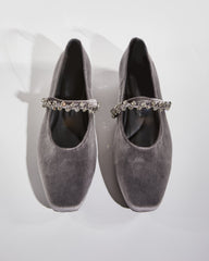 Meg Rhinestone Strap Velvet Flats In Grey