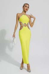Chic Hollow Rhinestone Yellow Maxi Dress