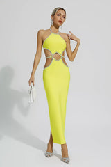 Chic Hollow Rhinestone Yellow Maxi Dress
