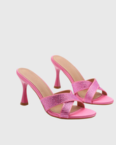 Natalina Rhinestone Cross Flared Heels In Pink