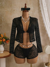 Black Long Sleeve Cover Up+Shorts 4 Piece Bikinis Sets
