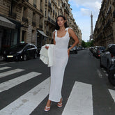 Lace-up U-collar White Maxi Casual Dress