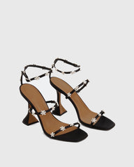 Ofelia Rhinestone Flower Strap flared Sandals In Black
