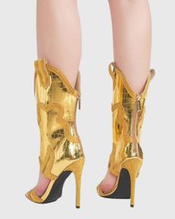 Ortensia Rhinestone Mid Calf Cowboy Sandals In Gold