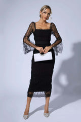 Polka Dot Black Mesh Midi Dress