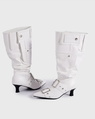 Rebecca Buckle Rivet Relaxed Knee High Boots In White