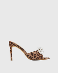 Rina Crystal Bow Satin Mules In Leopard