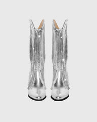 Rosana Rhinestone Fringe Leather Cowboy Mid Calf Boots In Silver