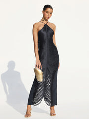 CELEB FUR IRREGULAR MAXI DRESS-BLACK