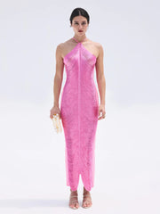 CELEB FUR IRREGULAR MAXI DRESS-PINK