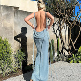 Lemiya Backless Lace up Hanging Night Dress-Blue