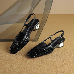 Blingbling square toe slingbacks strange heel slip on dress shoes