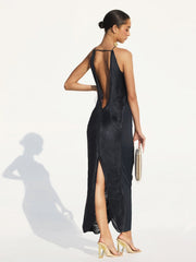 CELEB FUR IRREGULAR MAXI DRESS-BLACK