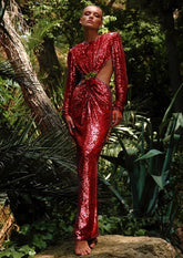 Lesya Round Neck Flower Waist Button Sequin Dress-Red