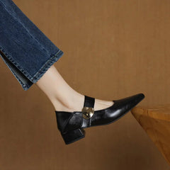 French thickheeled magic sticker shallow shoes pointed and fashionable versatile nonslip small leather shoes