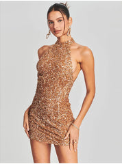 Alyia Halter Sequins Backless Mini Party Dress-Gold