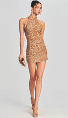Alyia Halter Sequins Backless Mini Party Dress-Gold