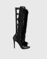 Sadiya Faux Fur Knee High Sandals In All Black