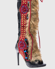 Sadiya Faux Fur Splicing Knee High Sandals In Red & Black
