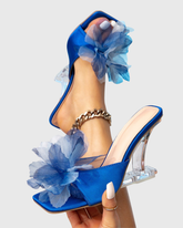 Saira Mesh Flower Satin Mules In Royal Blue