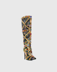 Sardinia Rhinestone Embroidery Knee High Boots In Black