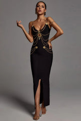 Chain Diamond Slim Fit Tight Bandage Dress-Black