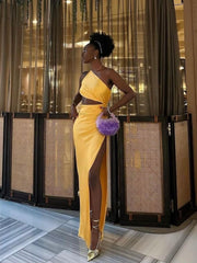 Tara Slant Shoulder High Slit Satin Celeb Dress