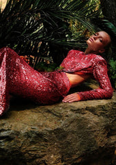 Lesya Round Neck Flower Waist Button Sequin Dress-Red