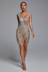 Ashua Off Shoulder Sequin Sheer Mini Dress-Silver