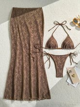 Coffee Leaves Print Mesh Long Skirt 3 Piece Bikini Set