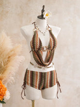 Coffee Striped Knitted Skirt Bikini Set