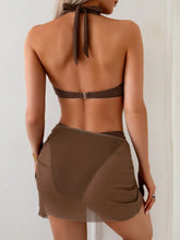 Mesh Skirt 3 Piece Swimsuit Coffee Metal Circle Push Up Thong Bikini Set