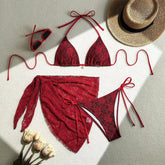 Red Mesh Skirt 3 Piece Bikinis Sets