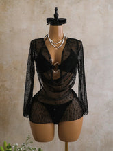 Swing Collar Sequin Long Sleeve Mesh Dress 3 Piece Swimsuit Black Push Up Triangle Swimsuit Bathing Suits Swimwear