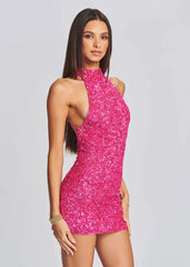 Alyia Halter Sequins Backless Mini Party Dress-Red