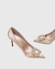 Vaike Rhinestone Buckle Satin Pumps In Champagne