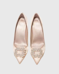 Vaike Rhinestone Buckle Satin Pumps In Champagne