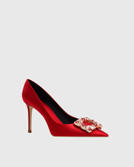 Vaike Rhinestone Buckle Satin Pumps In Red