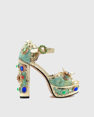 Valeria Rhinestone Vintage Embroidery Platform Sandals In Green