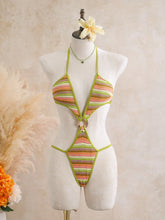 Vintage Green Striped Knitted One Piece Swimwear Skirts Sets
