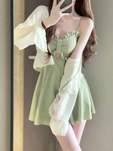 Vintage Long Sleeve Cover Up One Piece Swimsuit Skirts Set