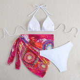 Vintage Red Floral Print Skirt 3 Piece Bikini Set