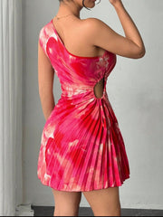 Cutout Drawstring Pleated Tie-Dye Sleeveless Mini Dress