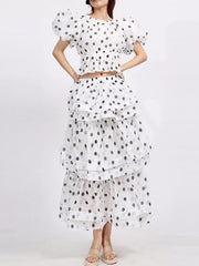 Polka Dot Puff Sleeve Top and Skirt Set